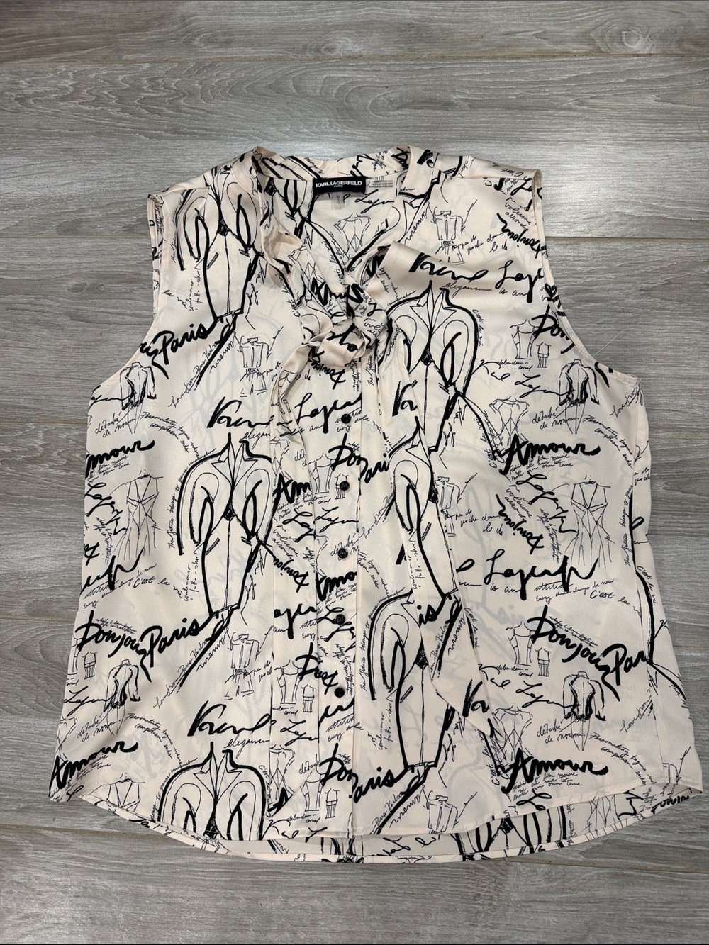 Karl Lagerfeld Cream Sleeveless Tie-Neck Blouse with Black Script Print XL